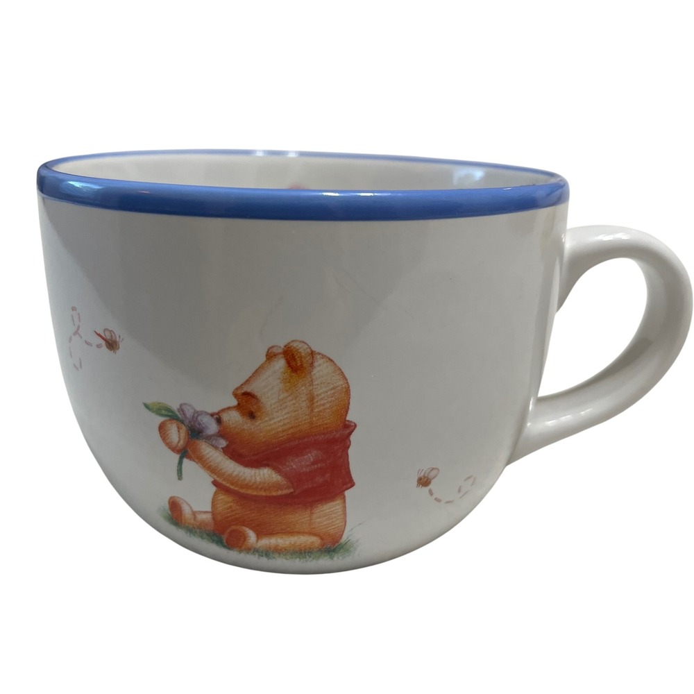 Disney Simply Pooh Winnie The Pooh Ceramic Mug Cup Blue Rim‎ Flowers Bees